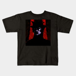 Beautiful girl in strange dark suit, with face mask. Red castle or rock on background. Red, blue, violet. Dark. Kids T-Shirt